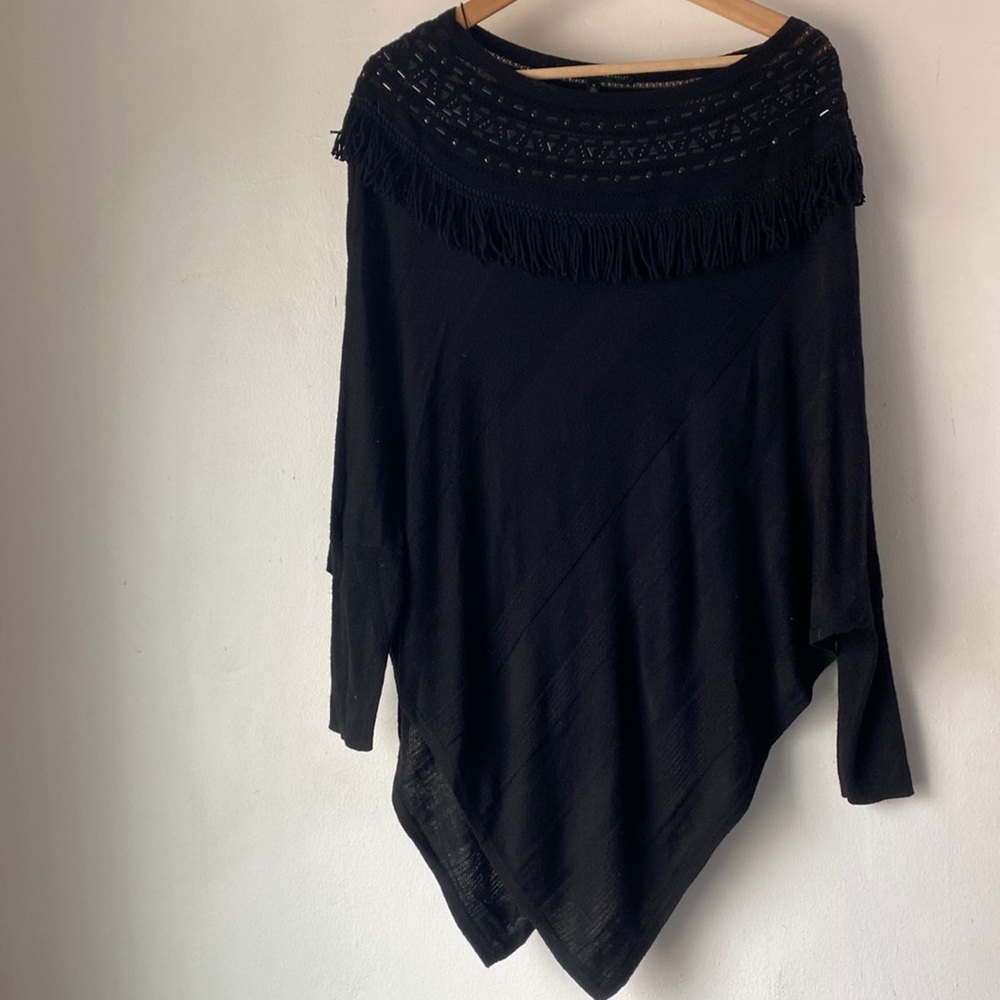 White House Black Market S Black Fringe Embellished Sweater Poncho